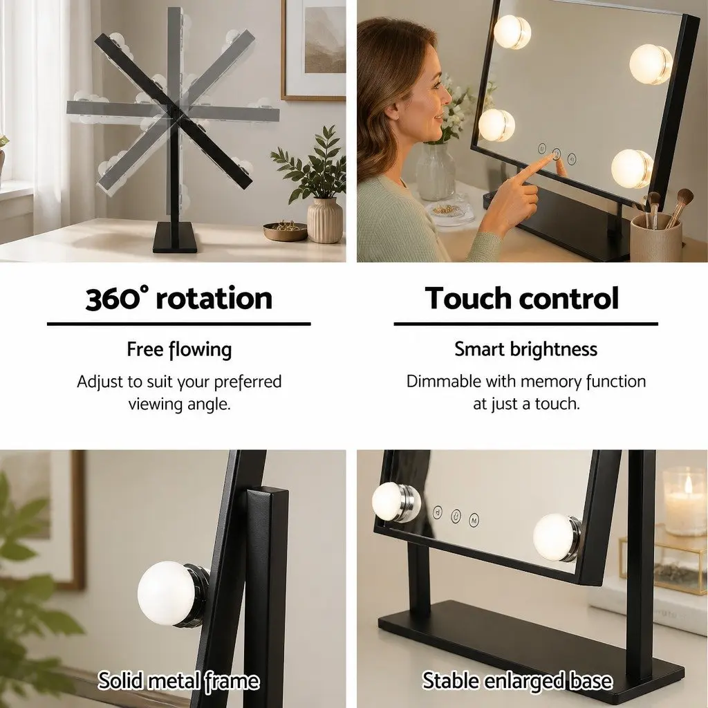 Makeup Mirror 30x48cm Hollywood Vanity with LED Light Rotation Tabletop Black