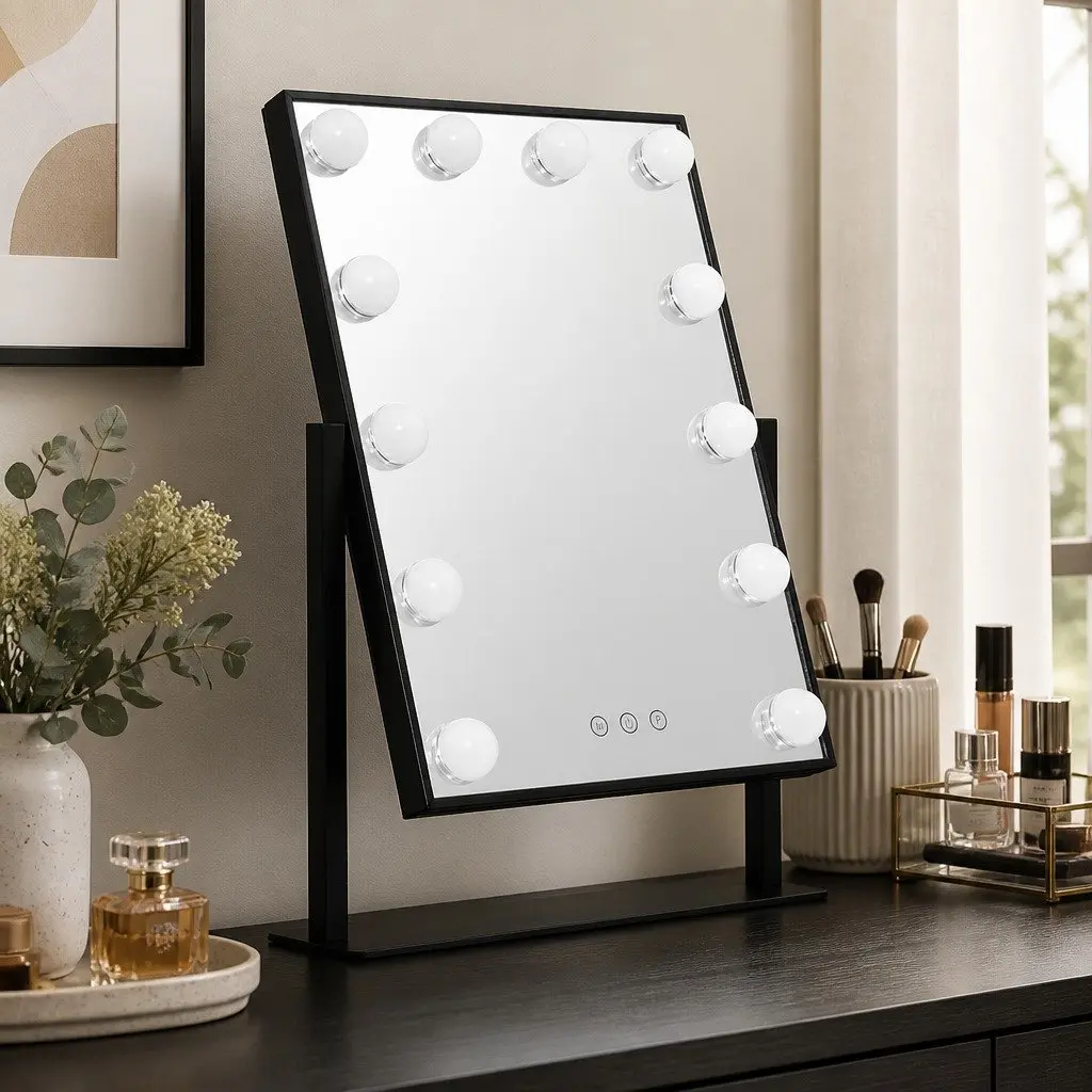 Makeup Mirror 30x48cm Hollywood Vanity with LED Light Rotation Tabletop Black