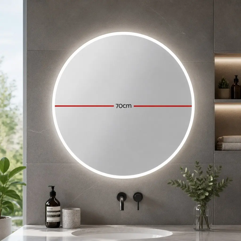 Round LED Wall Mirror 70cm Bathroom Vanity Makeup Home Decor Anti-Fog Touch