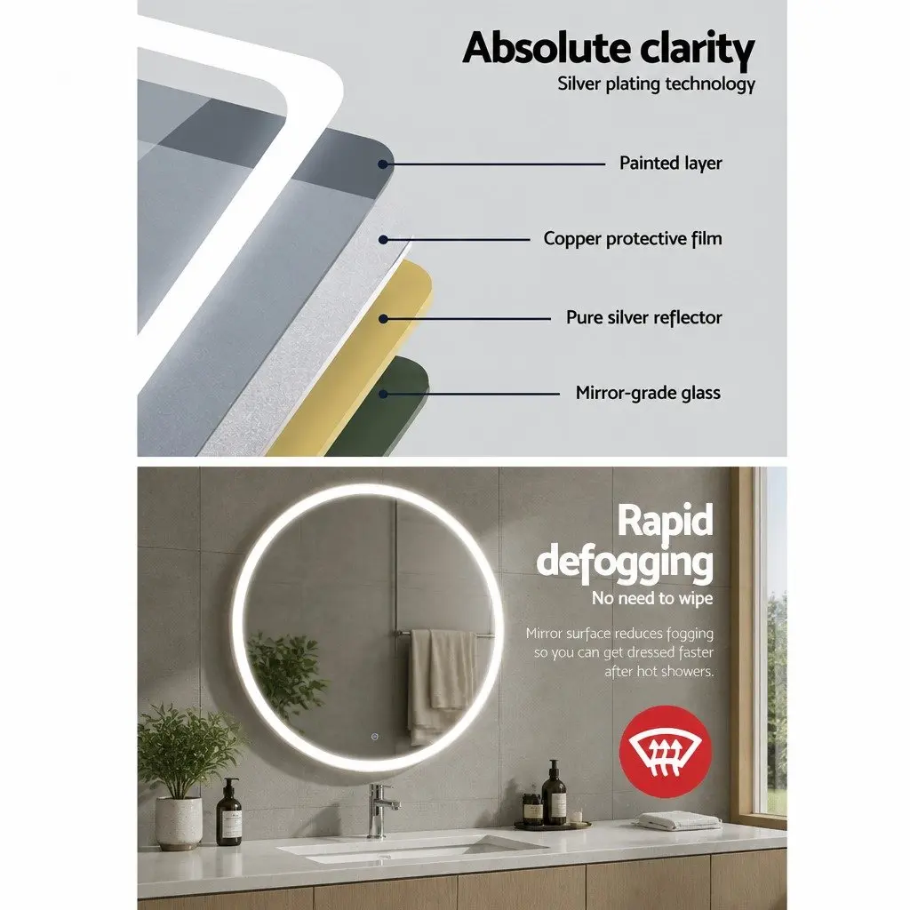 Round LED Wall Mirror 70cm Bathroom Vanity Makeup Home Decor Anti-Fog Touch