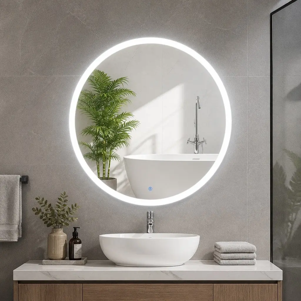 Round LED Wall Mirror 70cm Bathroom Vanity Makeup Home Decor Anti-Fog Touch