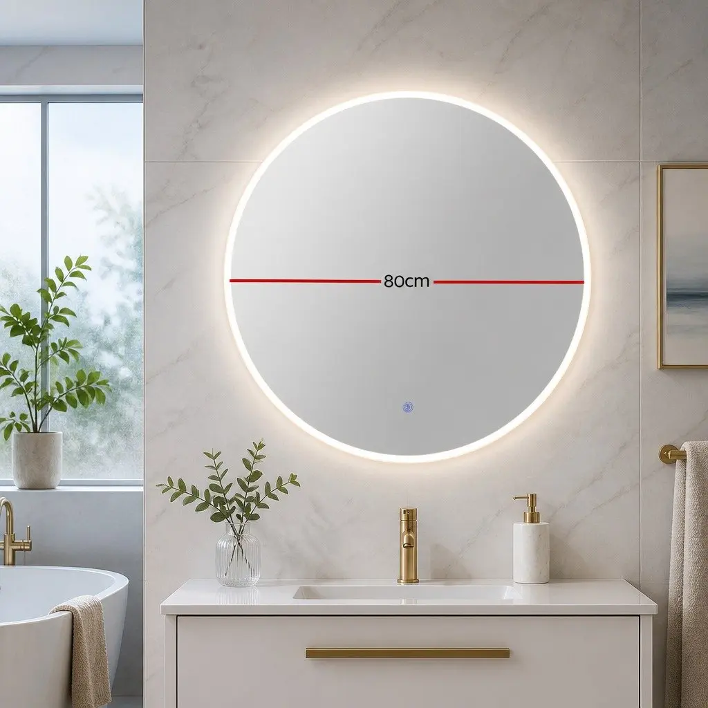 Round Wall Mirror LED Light Touch Control 80cm White Bathroom Vanity Makeup Home Decor