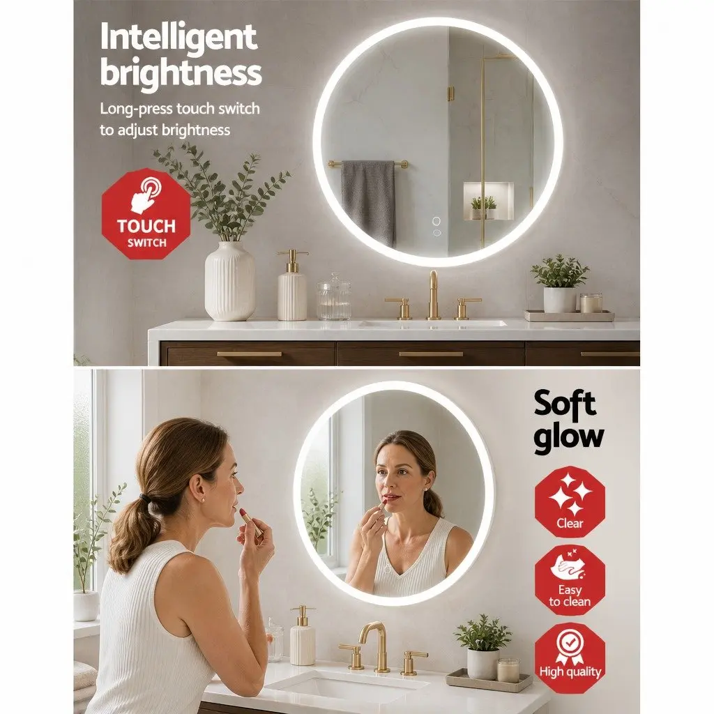 Round Wall Mirror LED Light Touch Control 80cm White Bathroom Vanity Makeup Home Decor