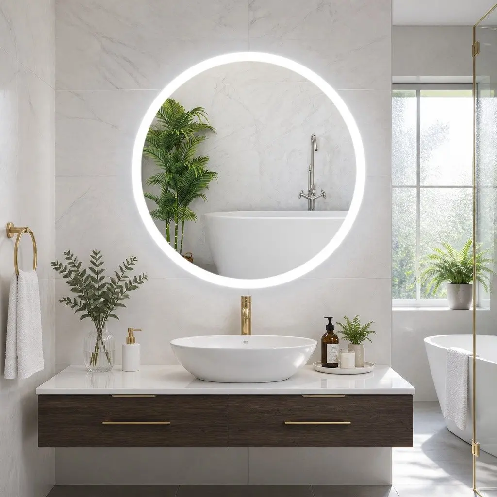 Round Wall Mirror LED Light Touch Control 80cm White Bathroom Vanity Makeup Home Decor