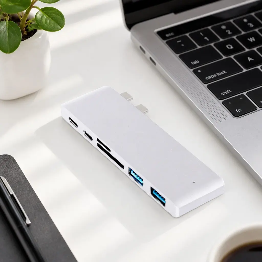 USB Type-C Hub Adapter 6 Port SD Card Reader Fast Data Transfer Silver