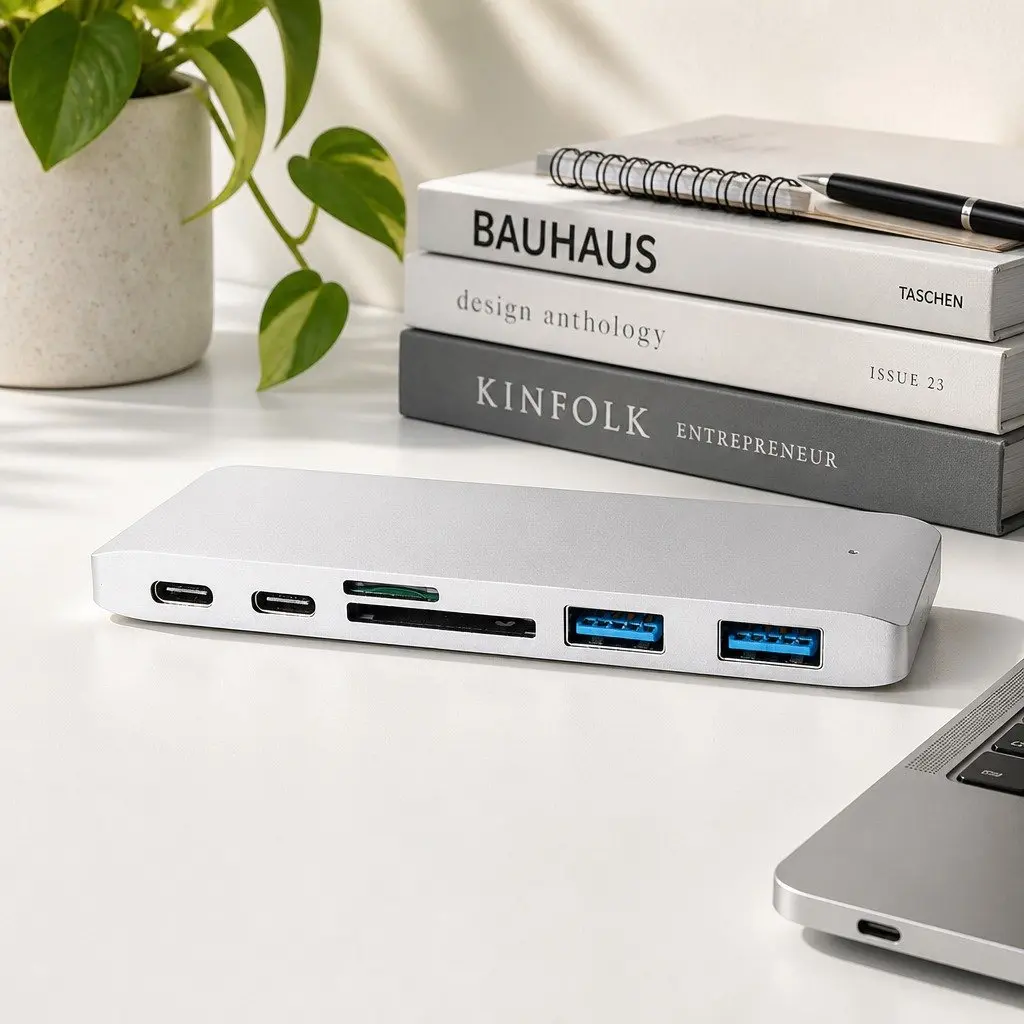USB Type-C Hub Adapter 6 Port SD Card Reader Fast Data Transfer Silver