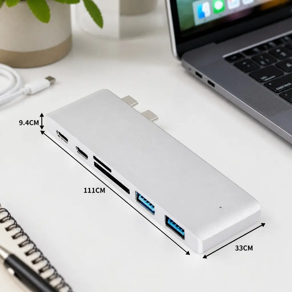 USB Type-C Hub Adapter 6 Port SD Card Reader Fast Data Transfer Silver