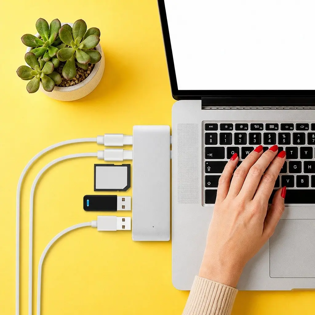 USB Type-C Hub Adapter 6 Port SD Card Reader Fast Data Transfer Silver