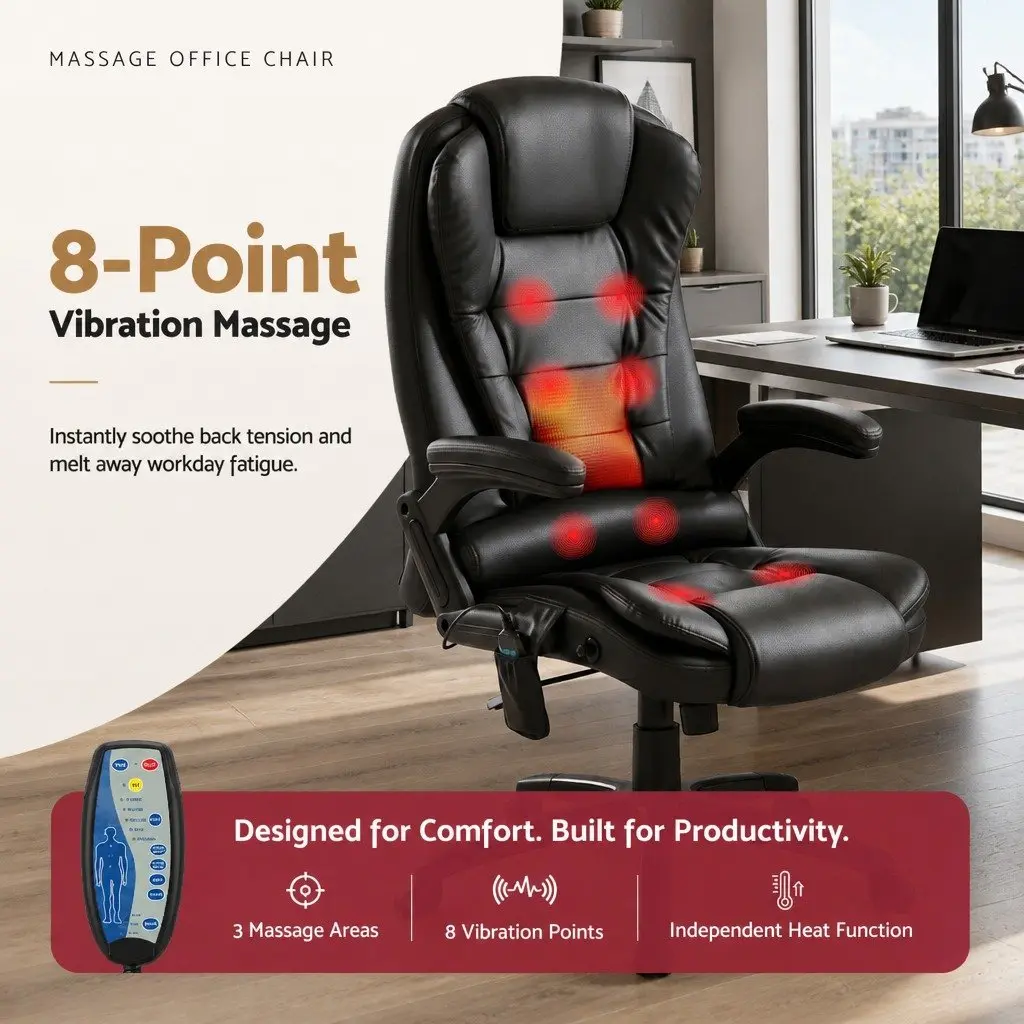 Massage Chair 8 Point Heated Seat Recliner High Back PU Black