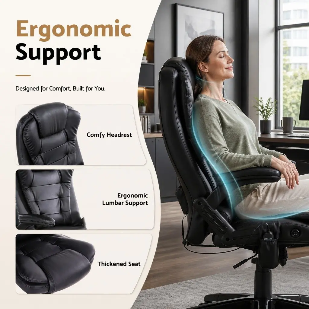 Massage Chair 8 Point Heated Seat Recliner High Back PU Black