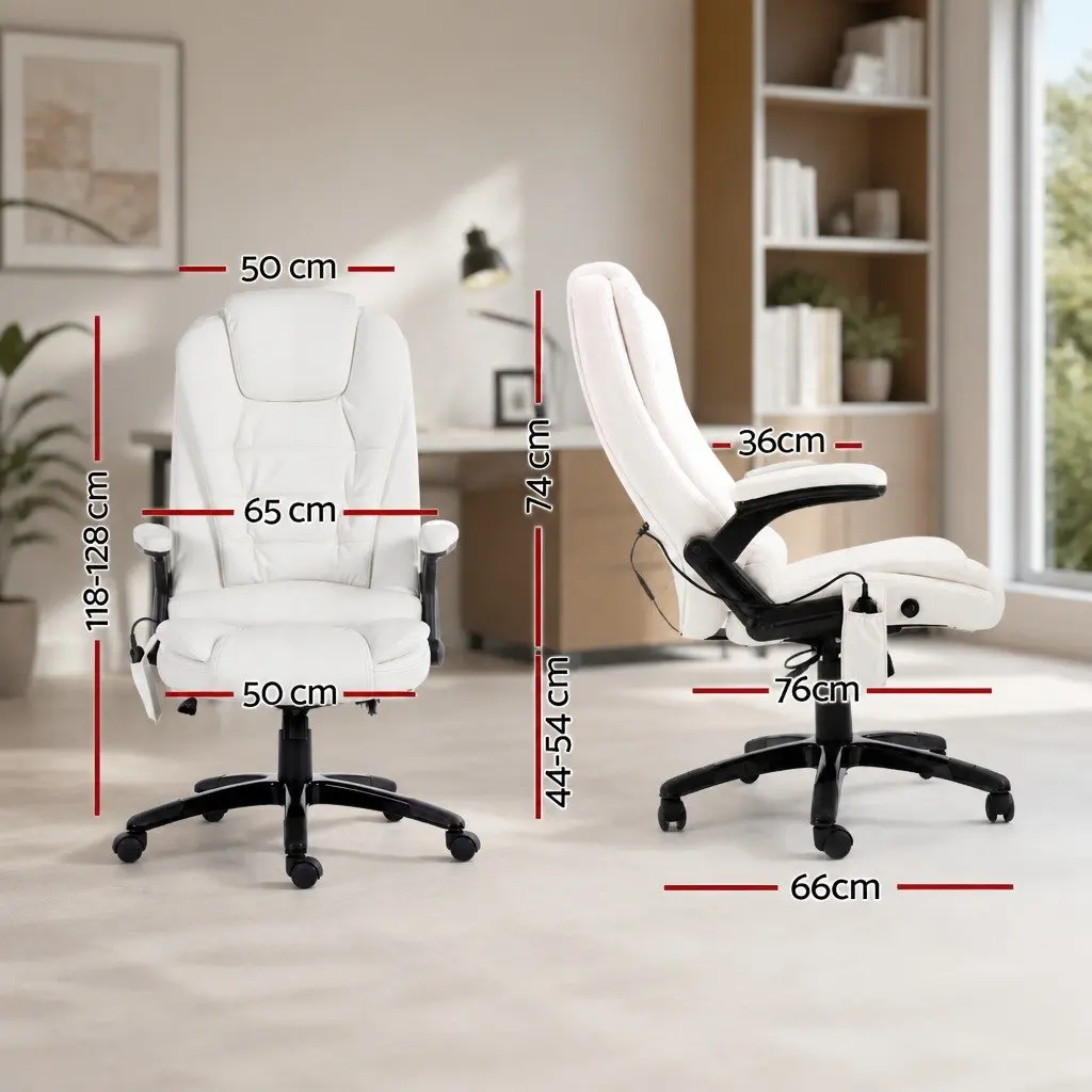 8 Point Massage Office Chair Heated Seat Recliner White High Back PU Leather