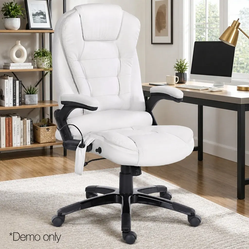 8 Point Massage Office Chair Heated Seat Recliner White High Back PU Leather