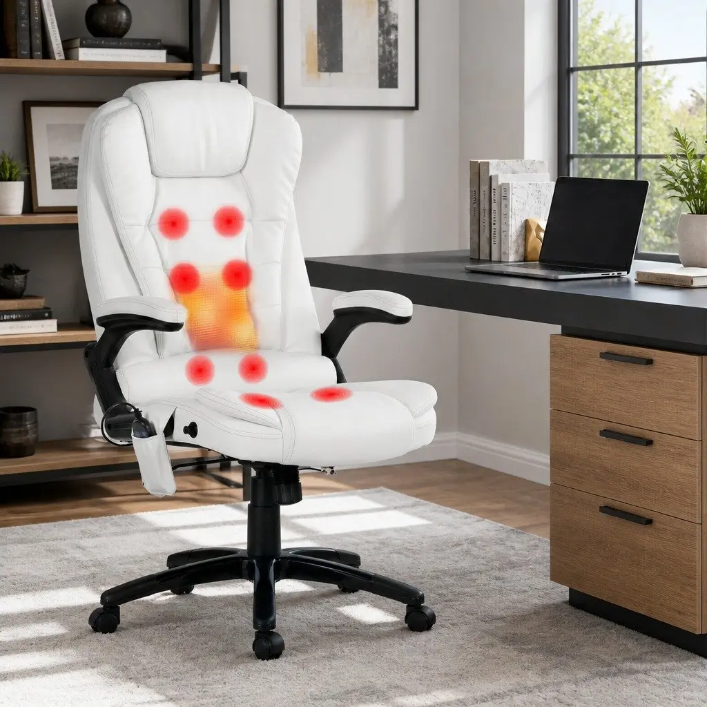 8 Point Massage Office Chair Heated Seat Recliner White High Back PU Leather