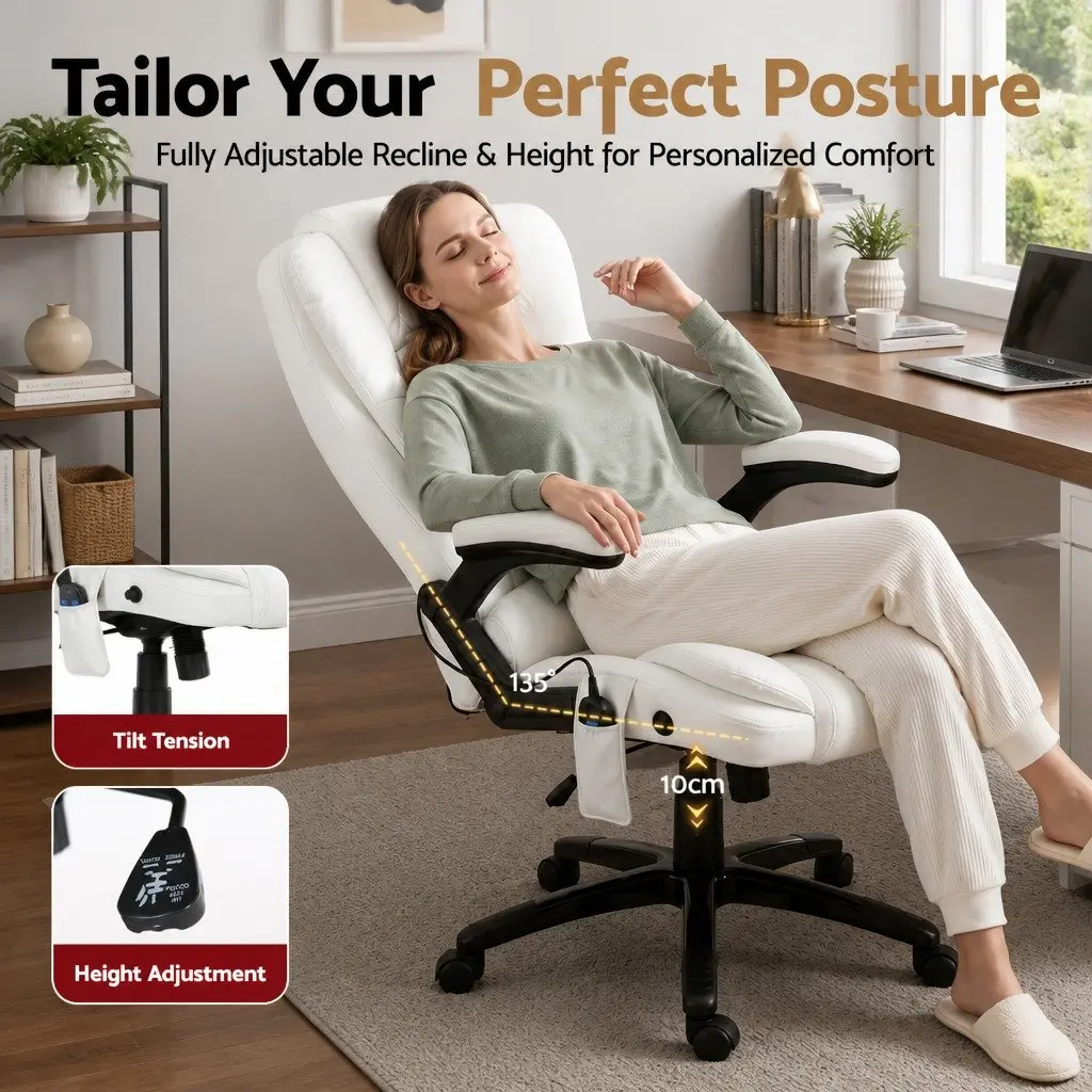 8 Point Massage Office Chair Heated Seat Recliner White High Back PU Leather