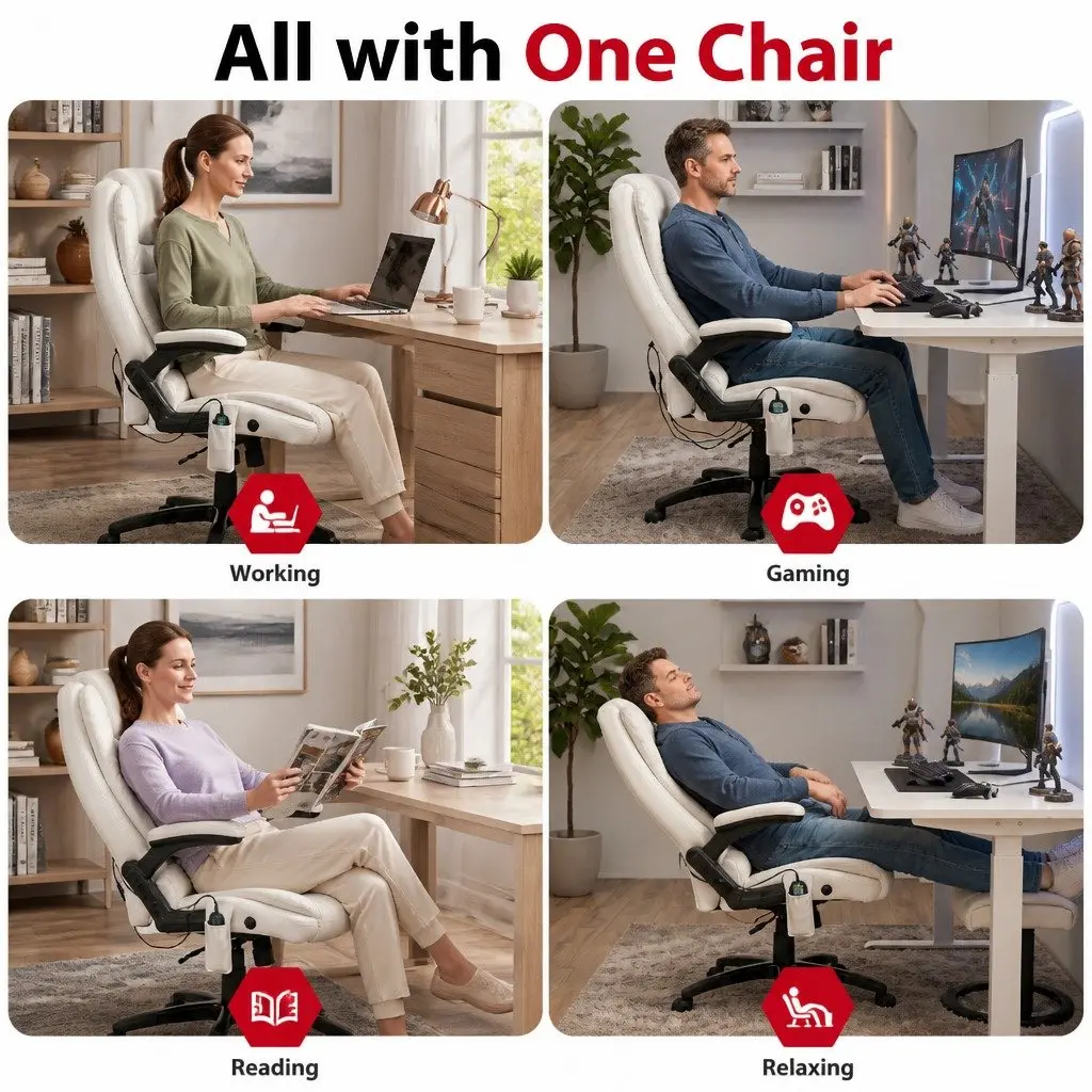 8 Point Massage Office Chair Heated Seat Recliner White High Back PU Leather