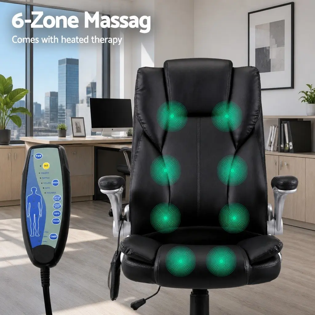 High Back PU Leather Office Chair 8 Point Vibration Massage Black Ergonomic Work