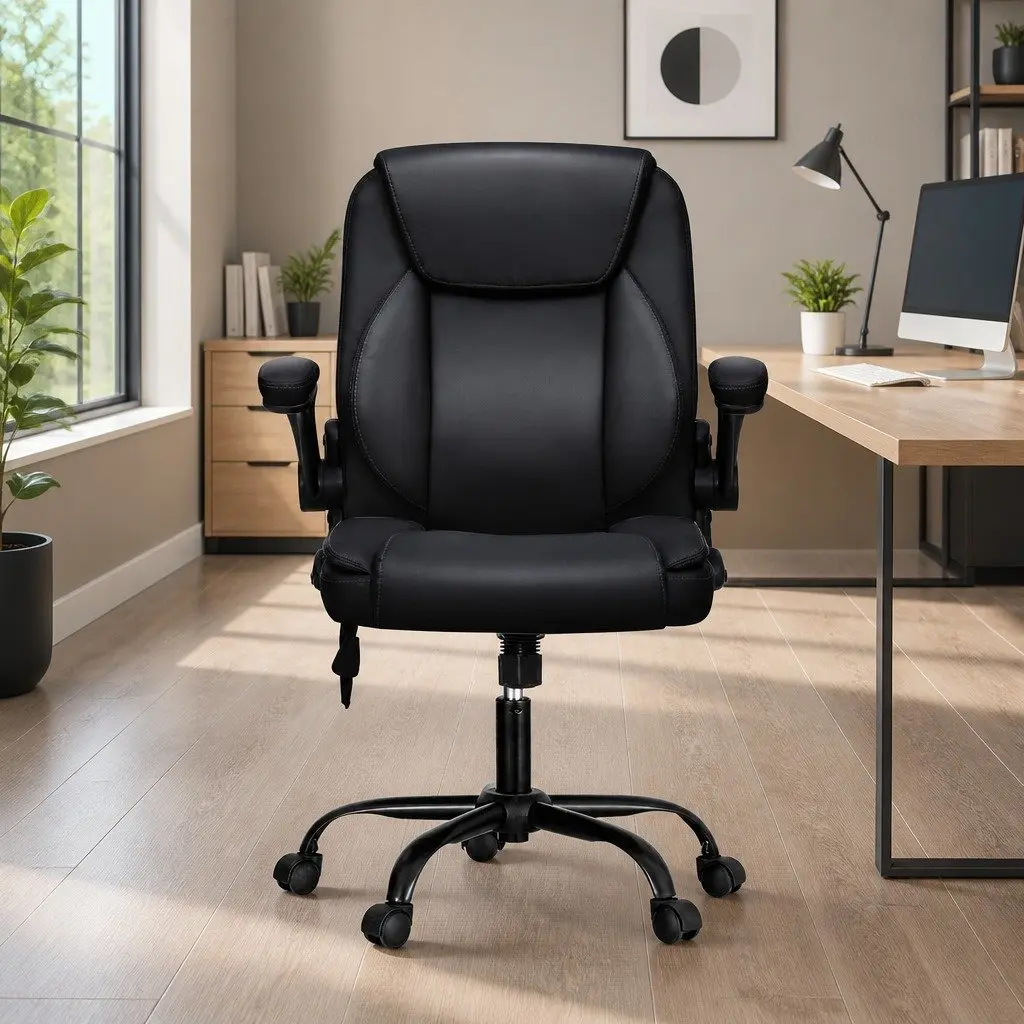 Massage Office Chair Mid Back Faux Leather Lumbar 2-Point Vibration Black Swivel