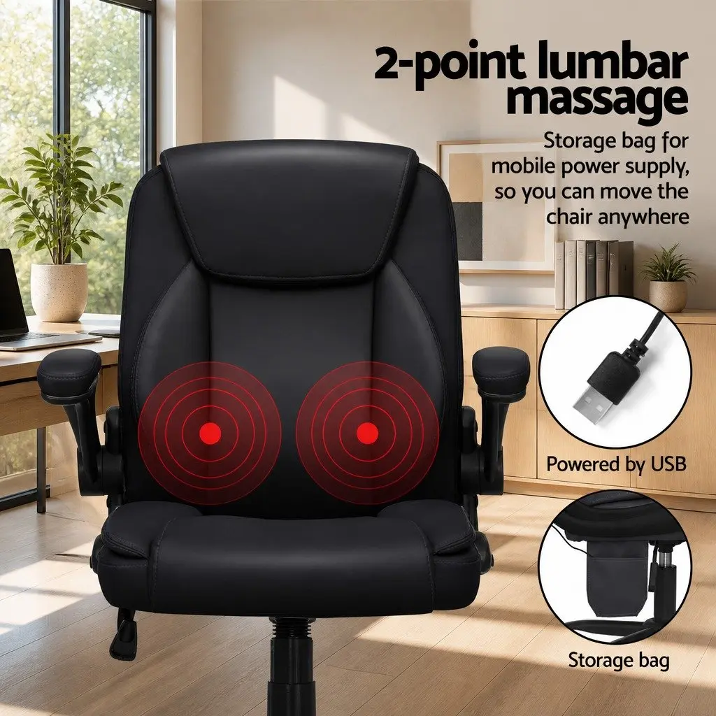 Massage Office Chair Mid Back Faux Leather Lumbar 2-Point Vibration Black Swivel
