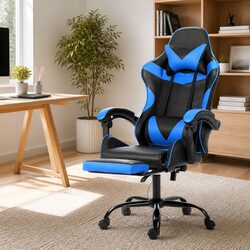 Massage Gaming Office Chair with Footrest 2 Point Vibration Blue Ergonomic