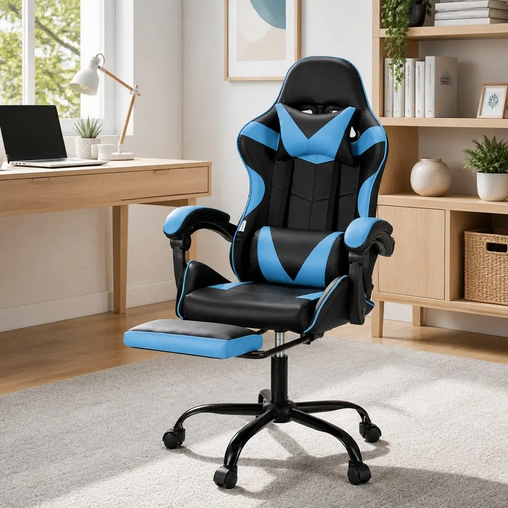 Massage Chair Ergonomic Gaming Office Chair with Footrest Cyan Blue