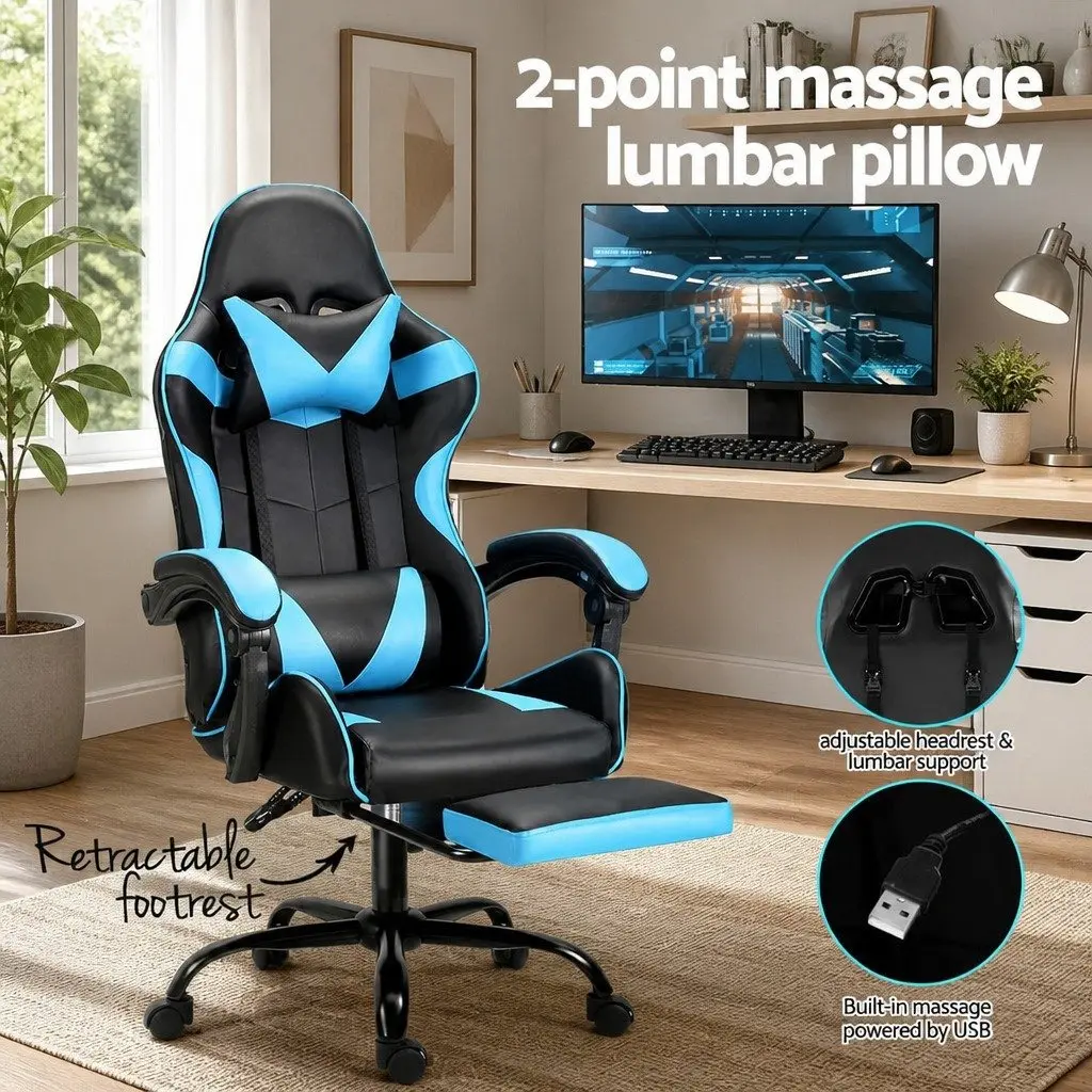 Massage Chair Ergonomic Gaming Office Chair with Footrest Cyan Blue