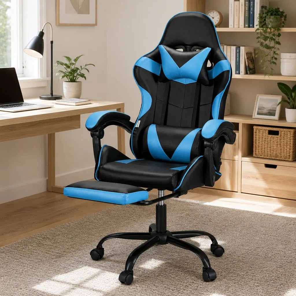 Massage Chair Ergonomic Gaming Office Chair with Footrest Cyan Blue