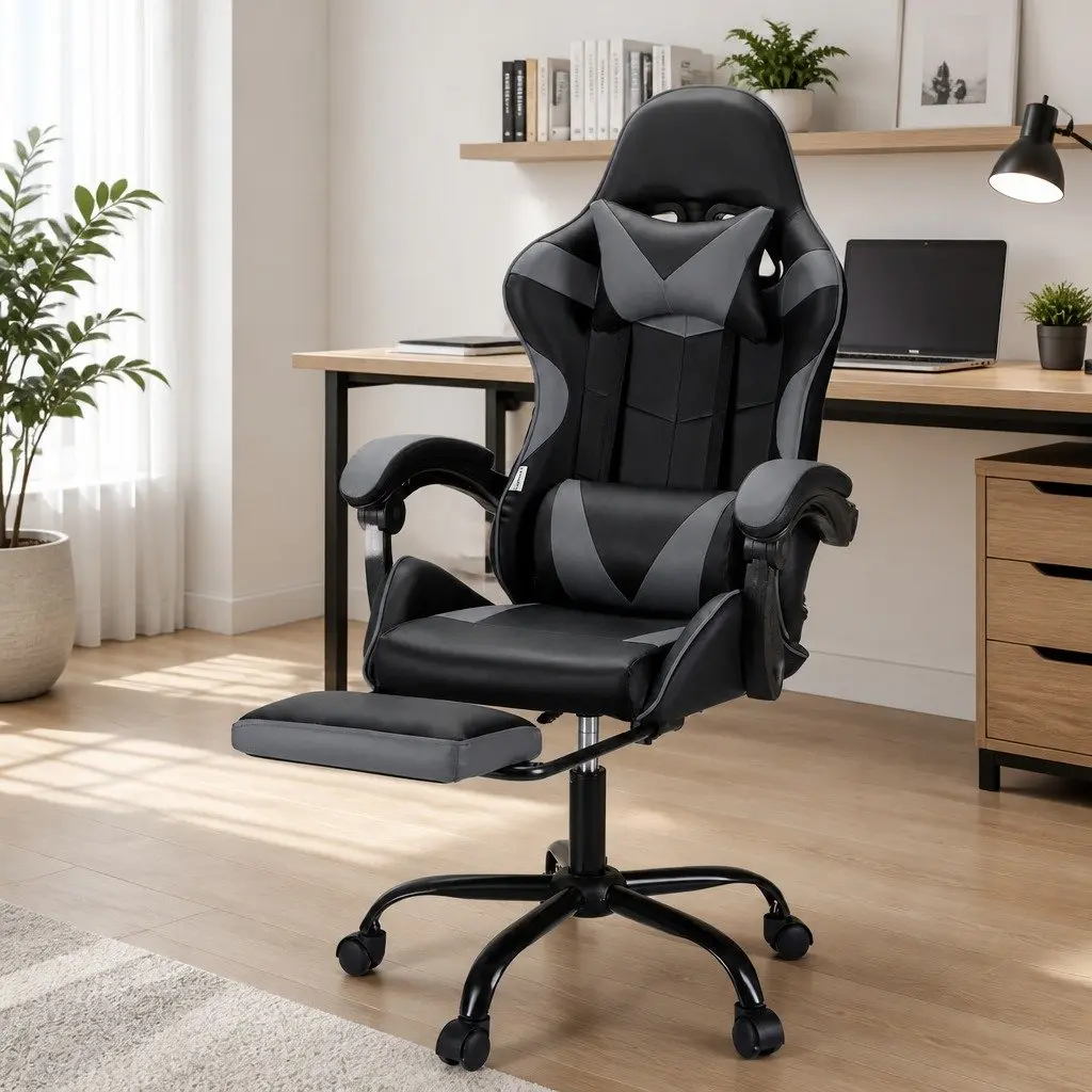 Ergonomic Massage Chair for Gaming and Office Use with Footrest 360 Degree Rotation Adjustable Recline in Grey or Black