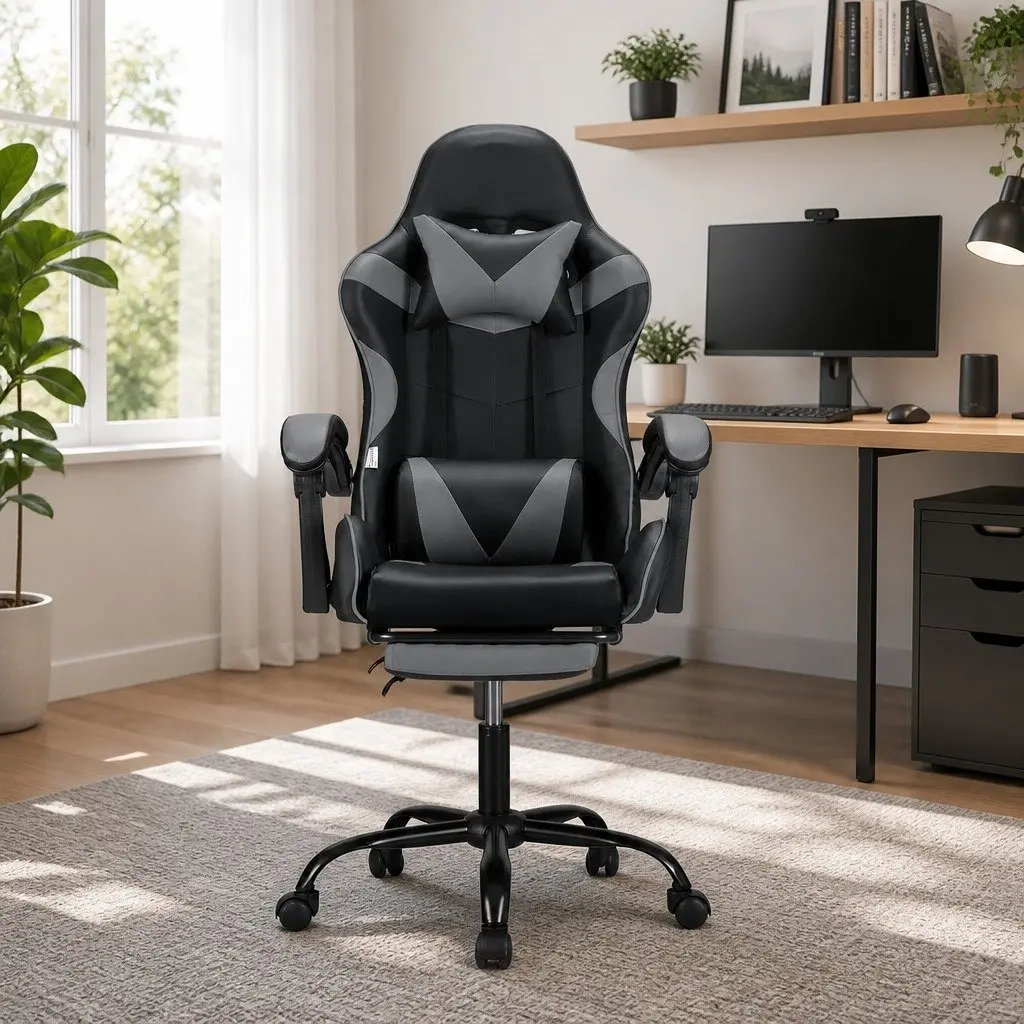 Ergonomic Massage Chair for Gaming and Office Use with Footrest 360 Degree Rotation Adjustable Recline in Grey or Black