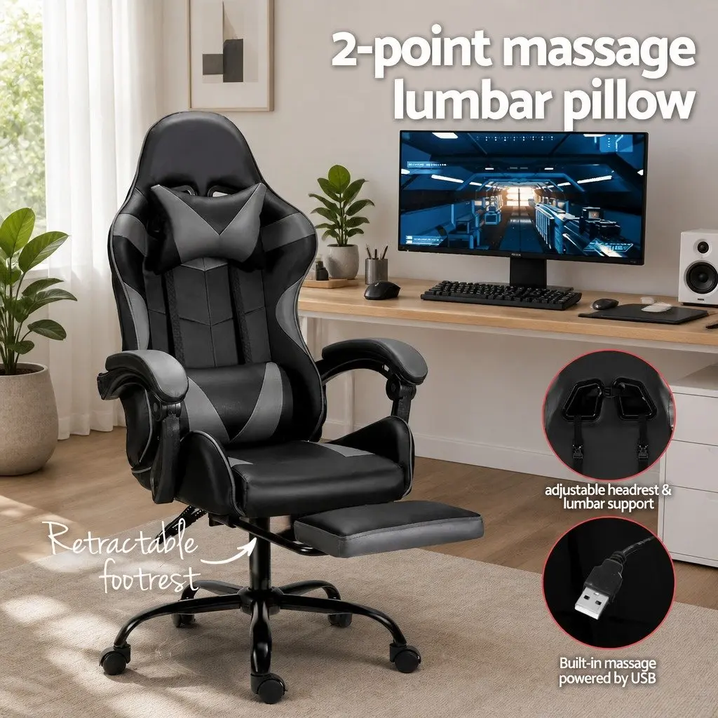 Ergonomic Massage Chair for Gaming and Office Use with Footrest 360 Degree Rotation Adjustable Recline in Grey or Black