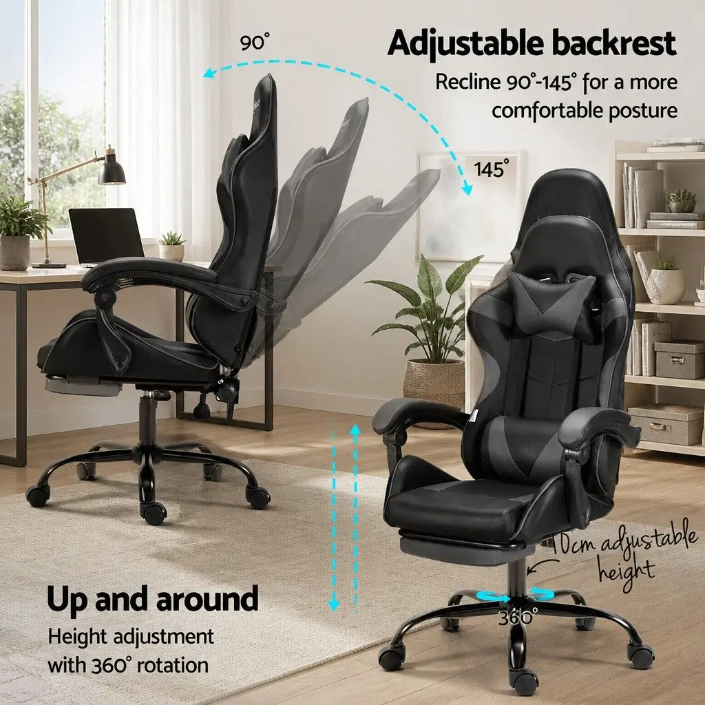 Ergonomic Massage Chair for Gaming and Office Use with Footrest 360 Degree Rotation Adjustable Recline in Grey or Black