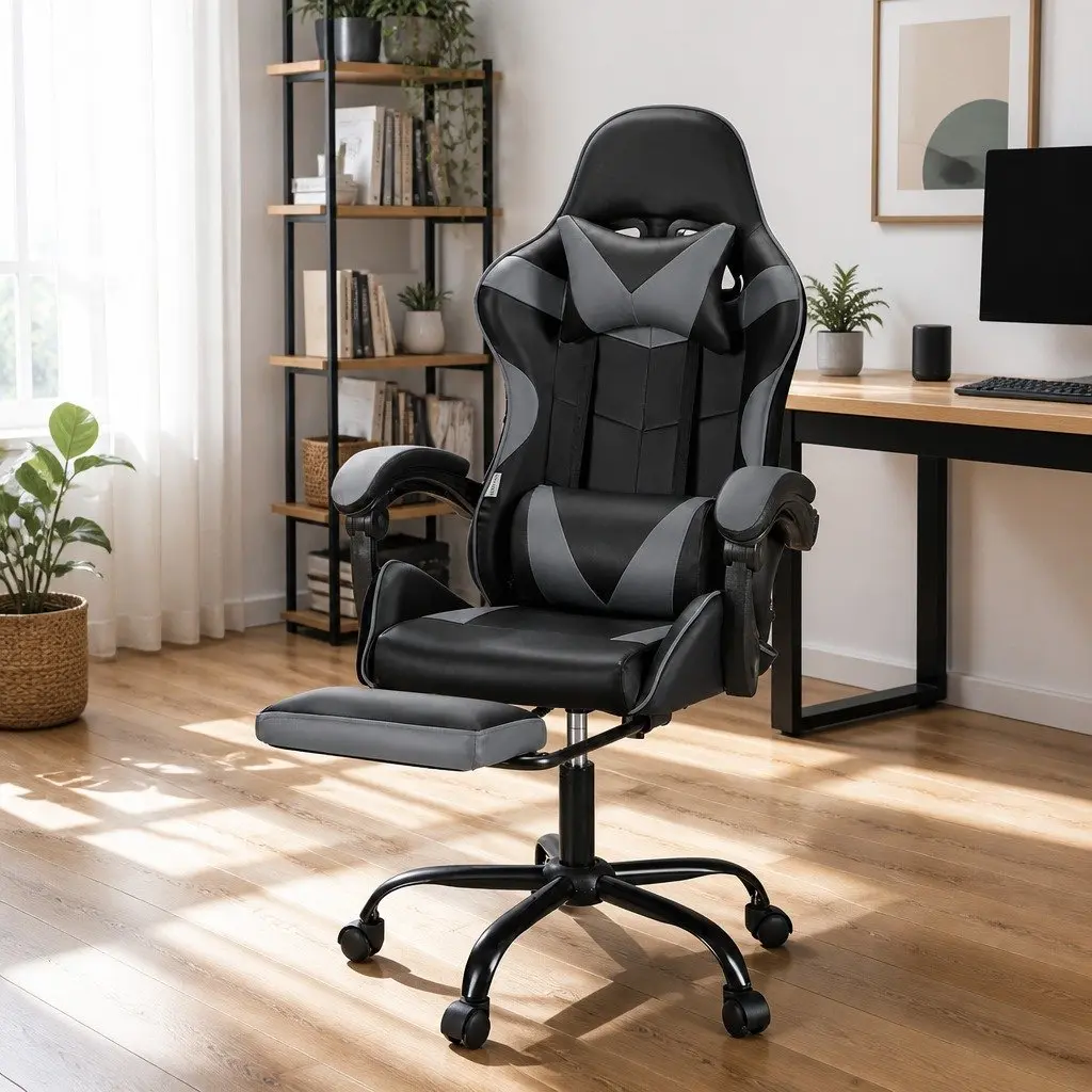 Ergonomic Massage Chair for Gaming and Office Use with Footrest 360 Degree Rotation Adjustable Recline in Grey or Black