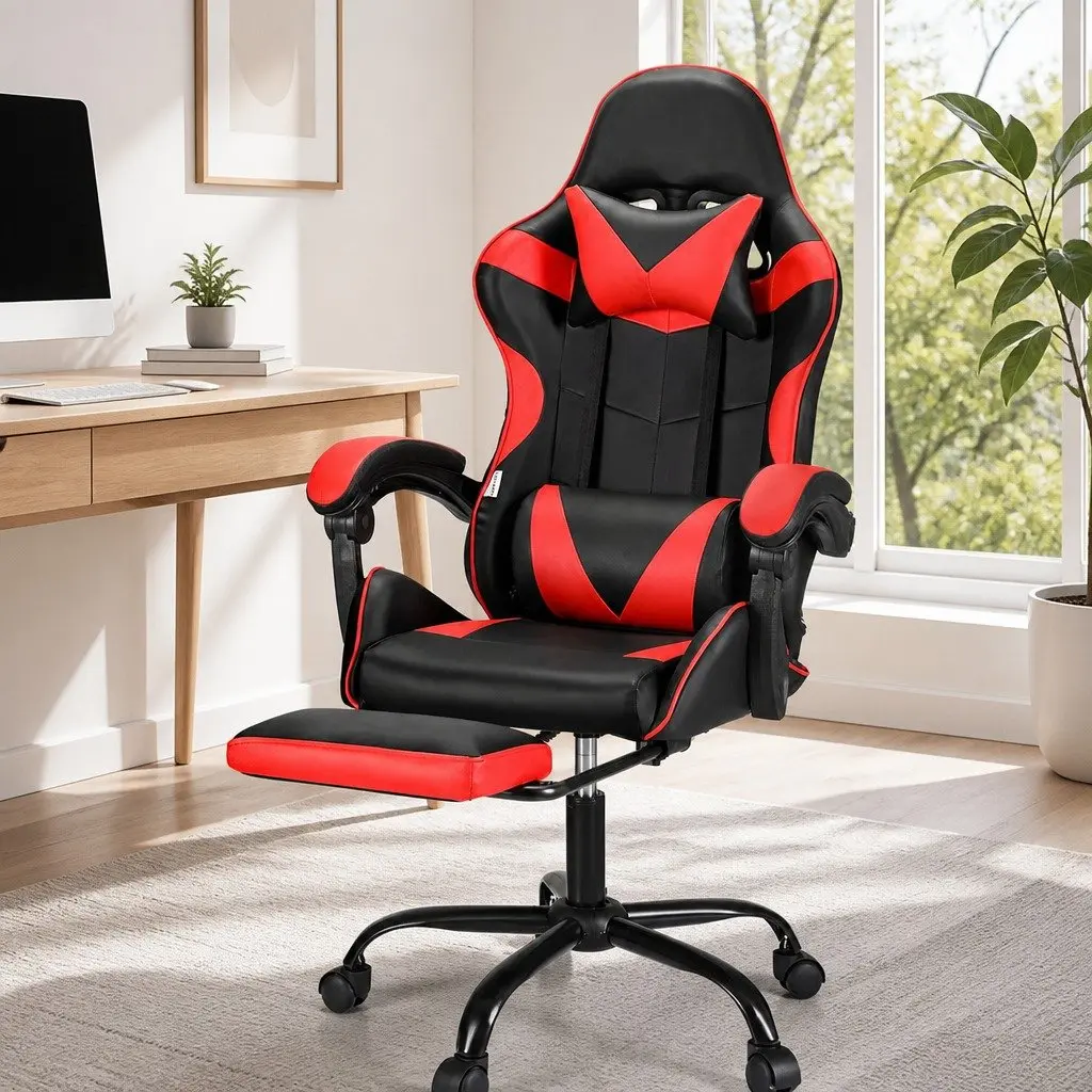 Ergonomic Gaming Office Chair with Massage Function Footrest Reclining Red Black