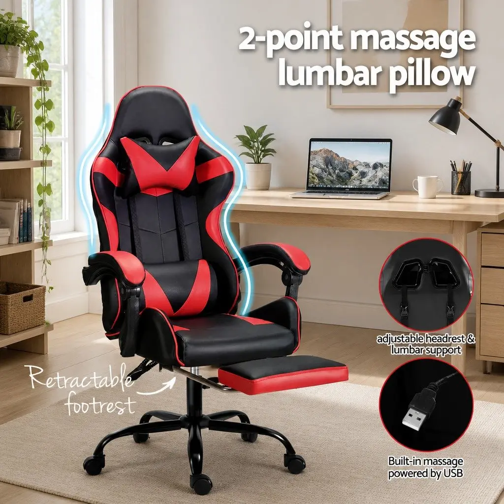 Ergonomic Gaming Office Chair with Massage Function Footrest Reclining Red Black