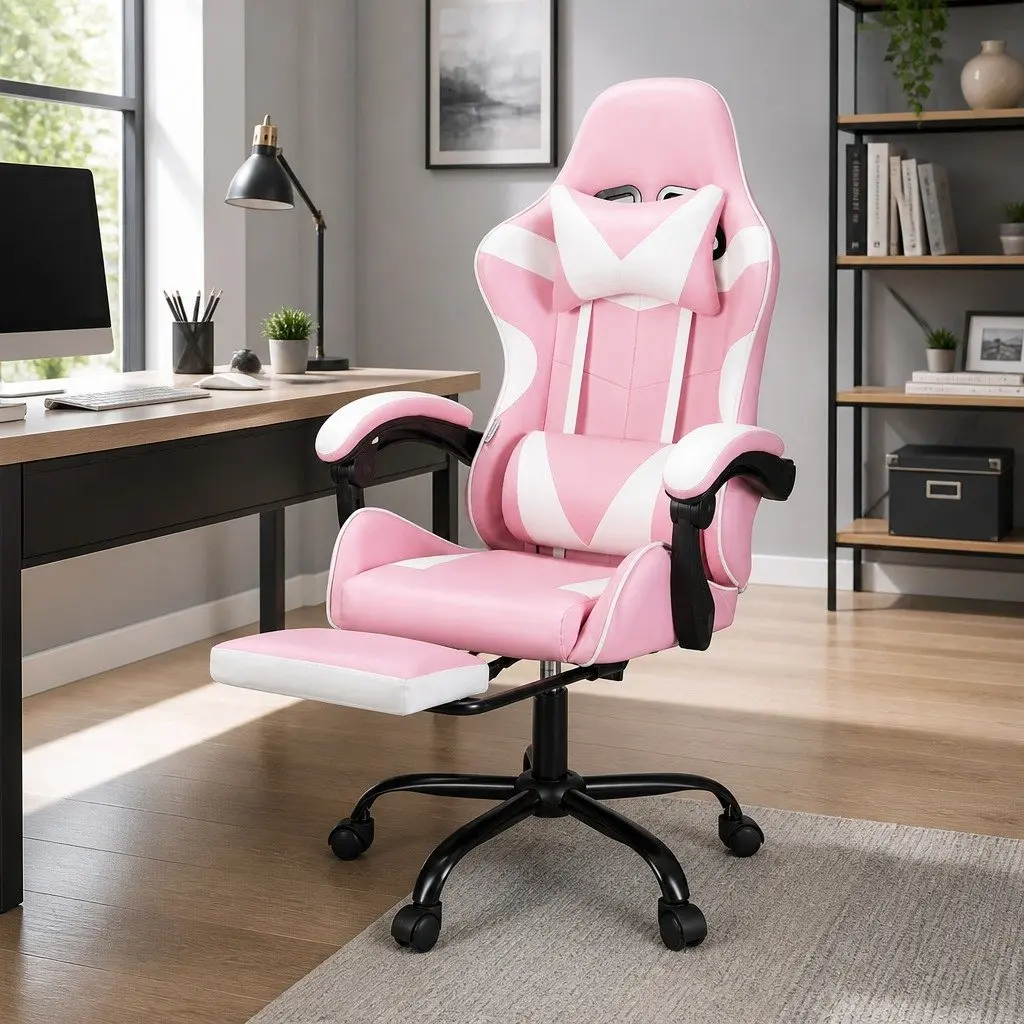 Massage Gaming Office Chair with Footrest 2 Point Vibration Lumbar Support