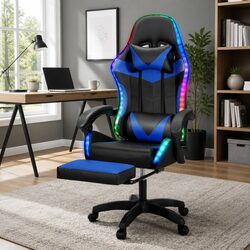Massage Gaming Office Chair 6 Point Vibration 7 LED Footrest Reclining Blue