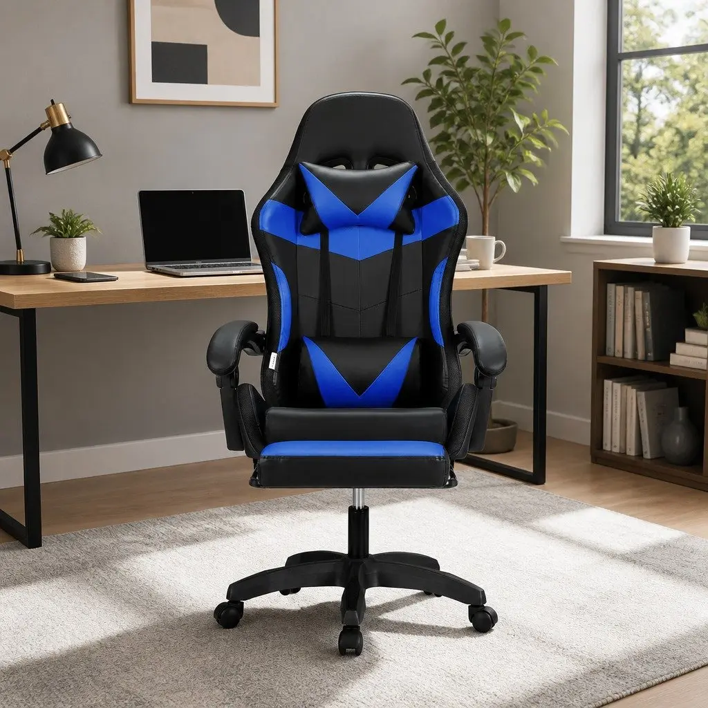 Massage Chair Vibration Gaming Office Chair 6 Point Blue