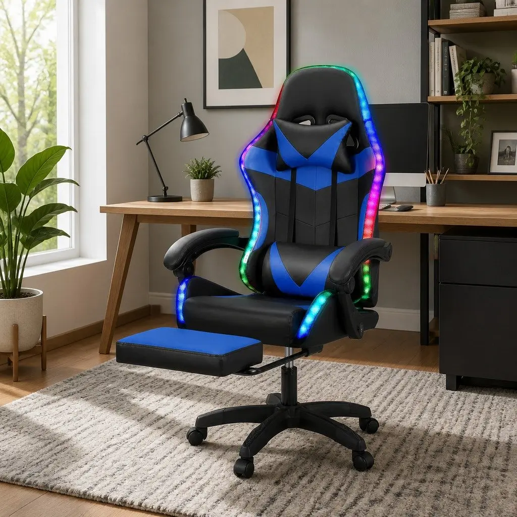 Massage Chair Vibration Gaming Office Chair 6 Point Blue
