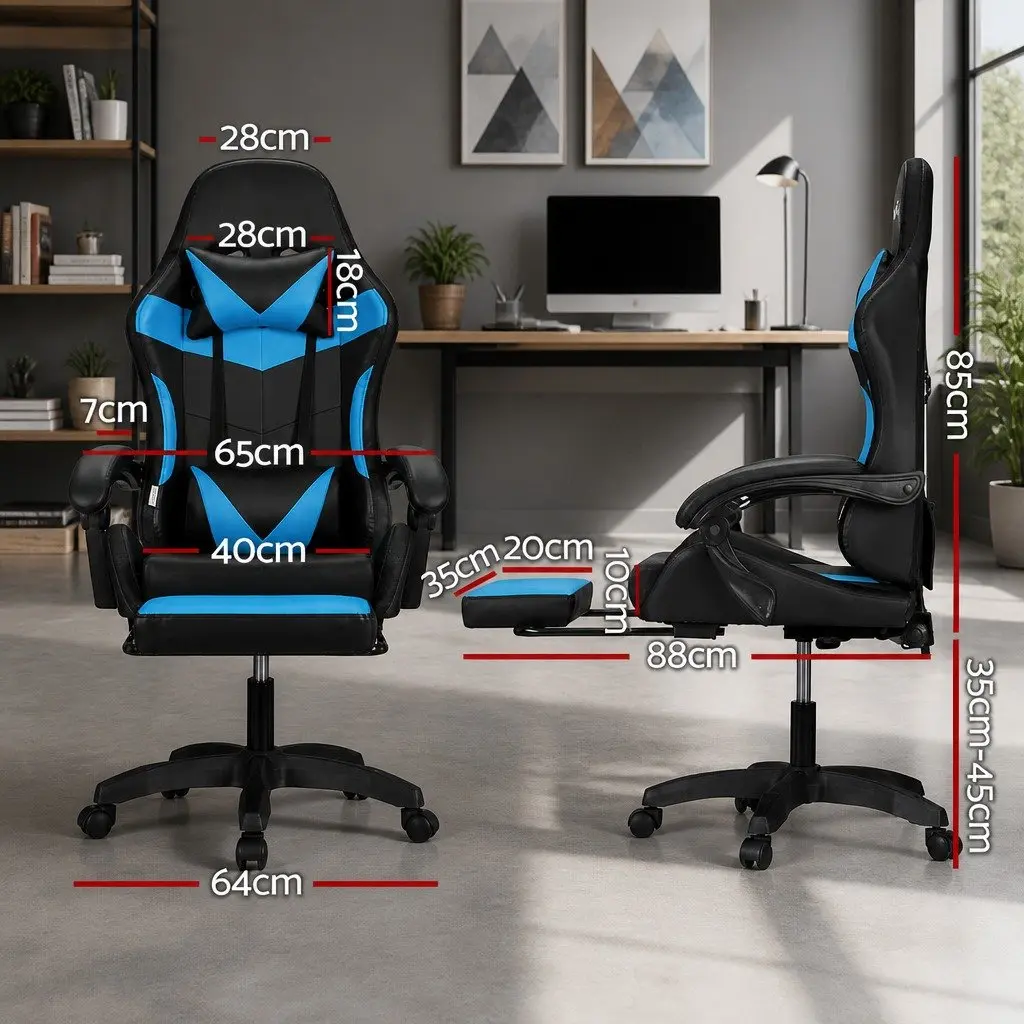Gaming Office Chair 6 Point Massage Vibration High Back LED Footrest Cyan