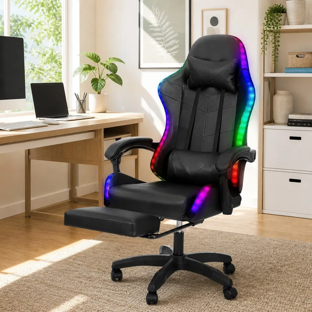 Massage Gaming Office Chair 6 Point Vibration 7 LED Footrest Black Recliner