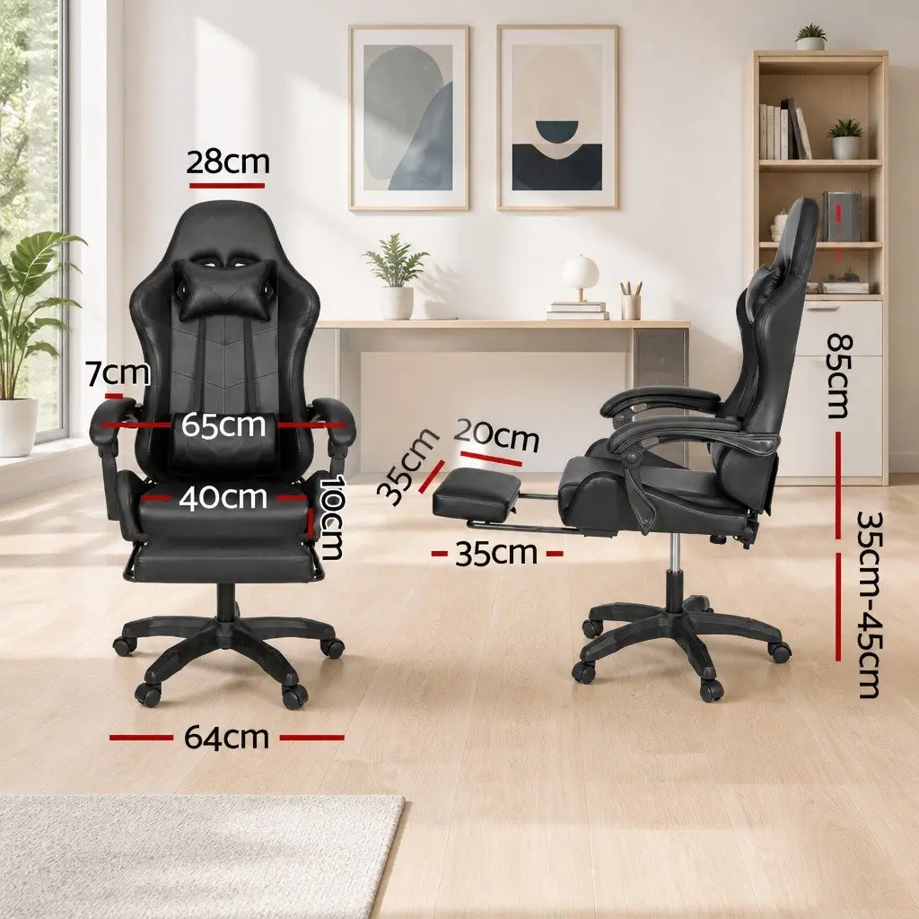 Massage Gaming Office Chair 6 Point Vibration 7 LED Footrest Black Recliner