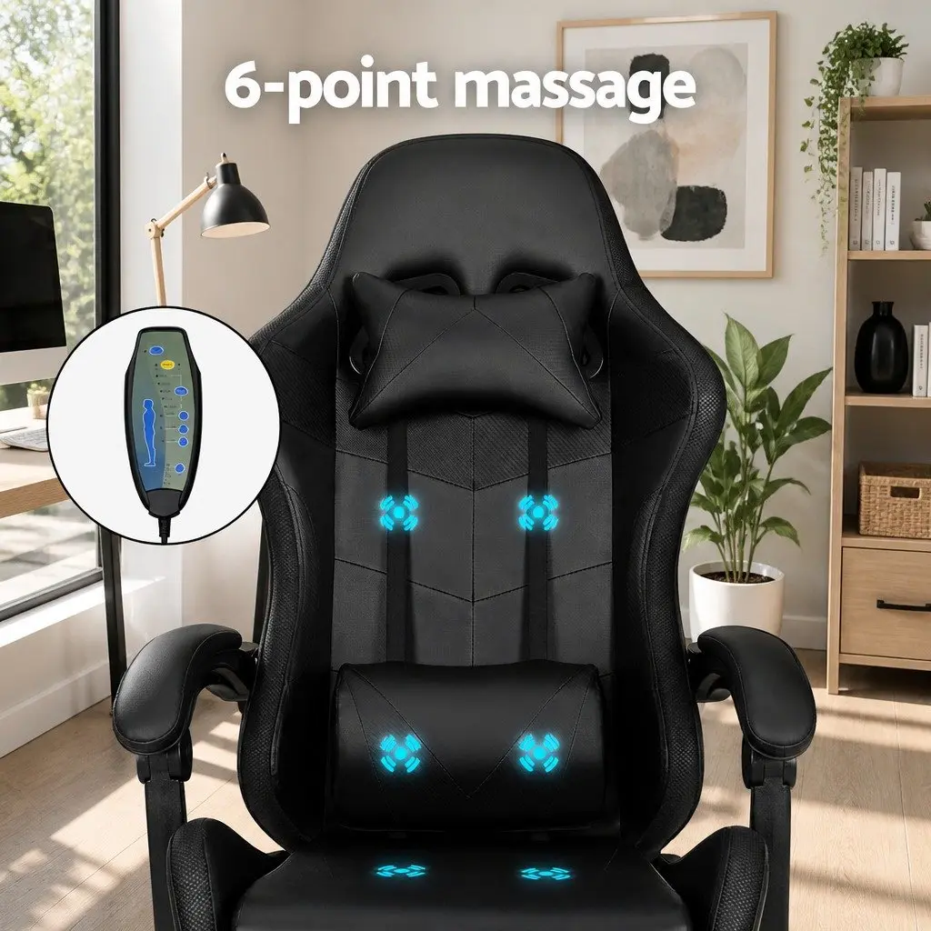Massage Gaming Office Chair 6 Point Vibration 7 LED Footrest Black Recliner