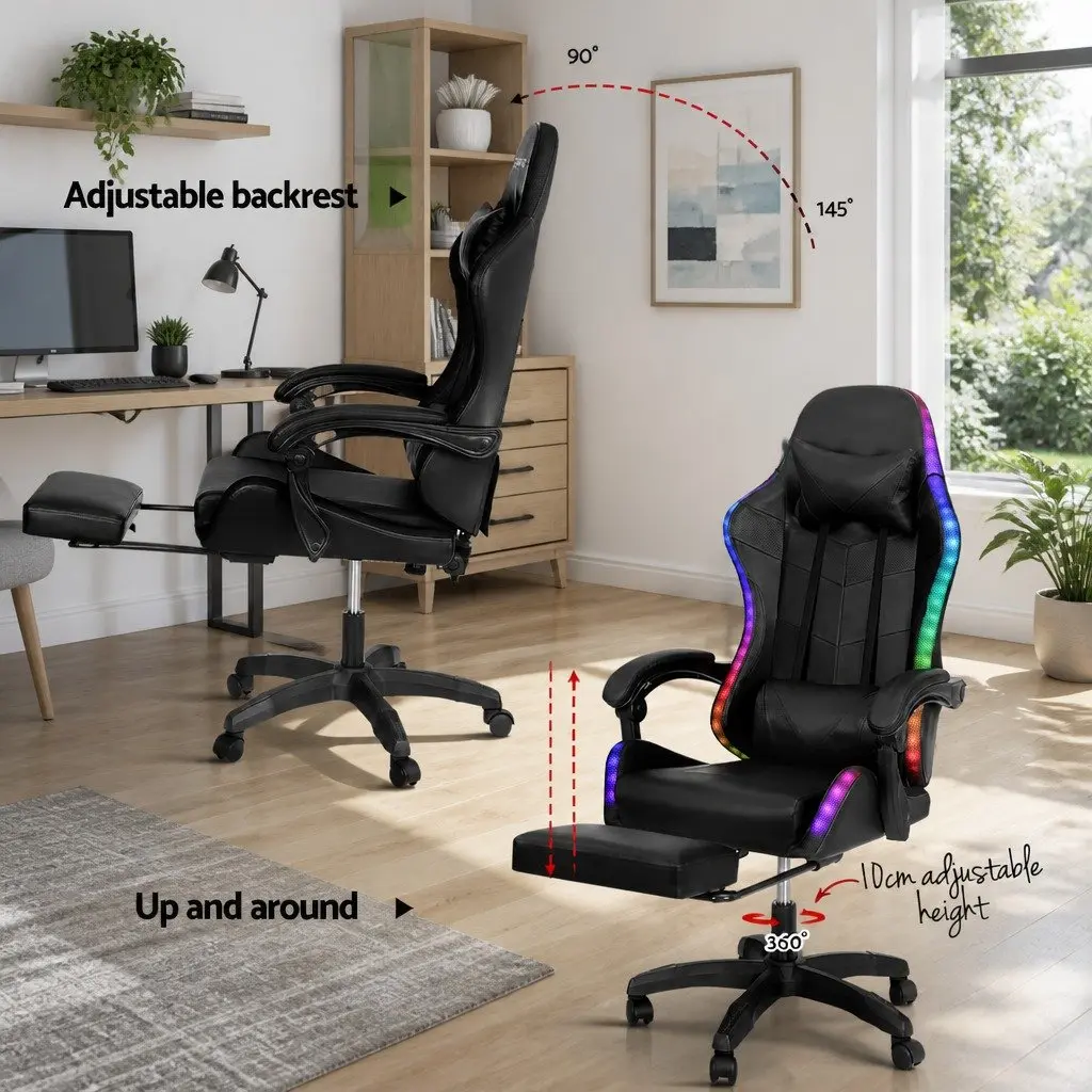 Massage Gaming Office Chair 6 Point Vibration 7 LED Footrest Black Recliner