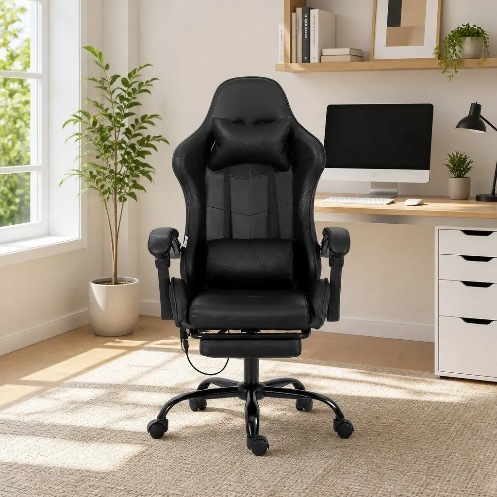 Massage Chair Ergonomic Office Gaming 6 Point Vibration Reclining Black