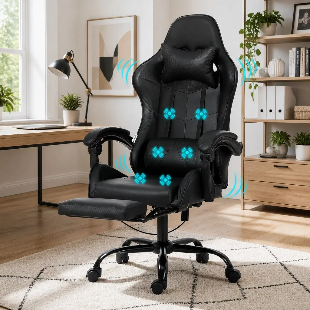 Massage Chair Ergonomic Office Gaming 6 Point Vibration Reclining Black