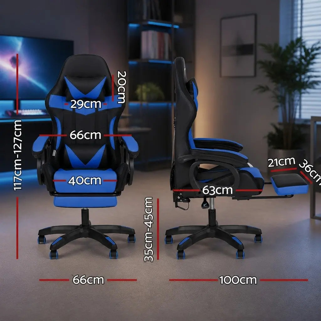 Gaming Office Chair Ergonomic Massage Footrest 12 RGB LED Blue Black