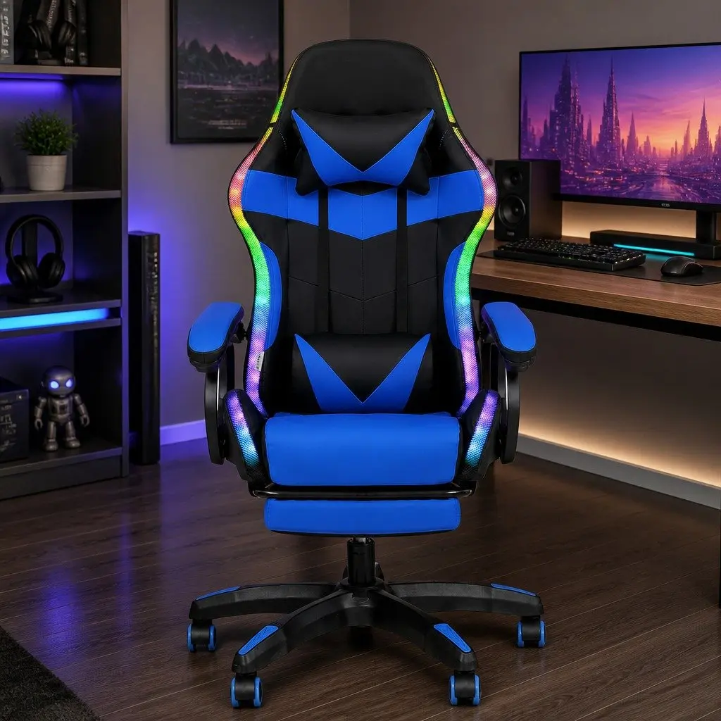 Gaming Office Chair Ergonomic Massage Footrest 12 RGB LED Blue Black