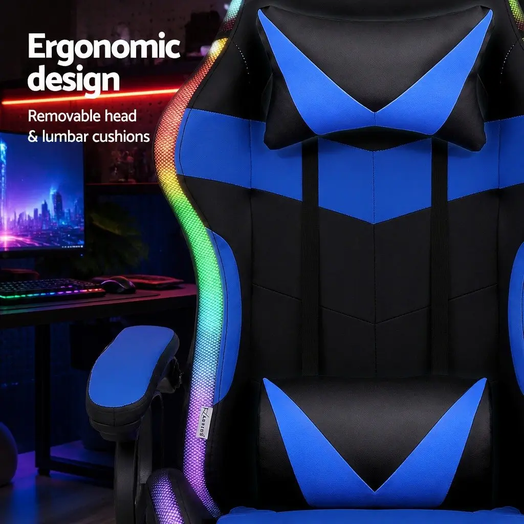 Gaming Office Chair Ergonomic Massage Footrest 12 RGB LED Blue Black