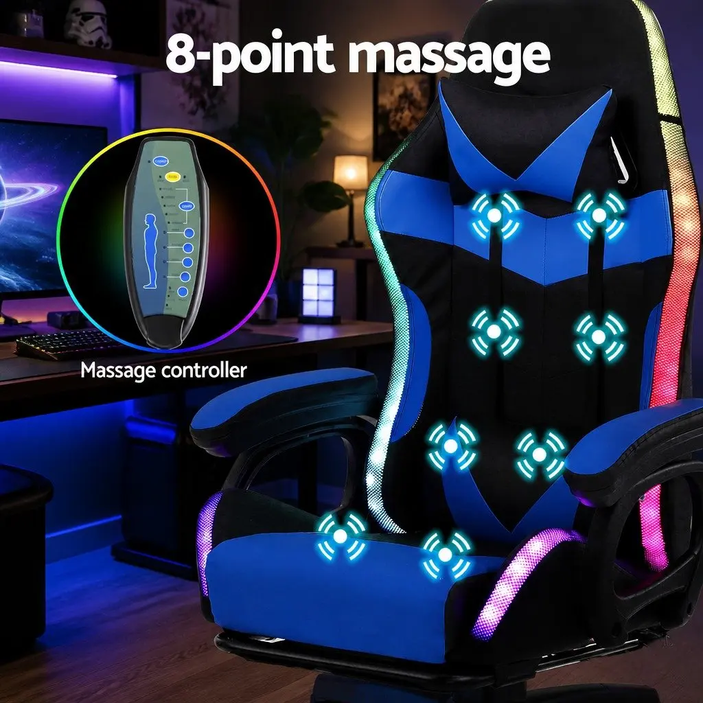 Gaming Office Chair Ergonomic Massage Footrest 12 RGB LED Blue Black