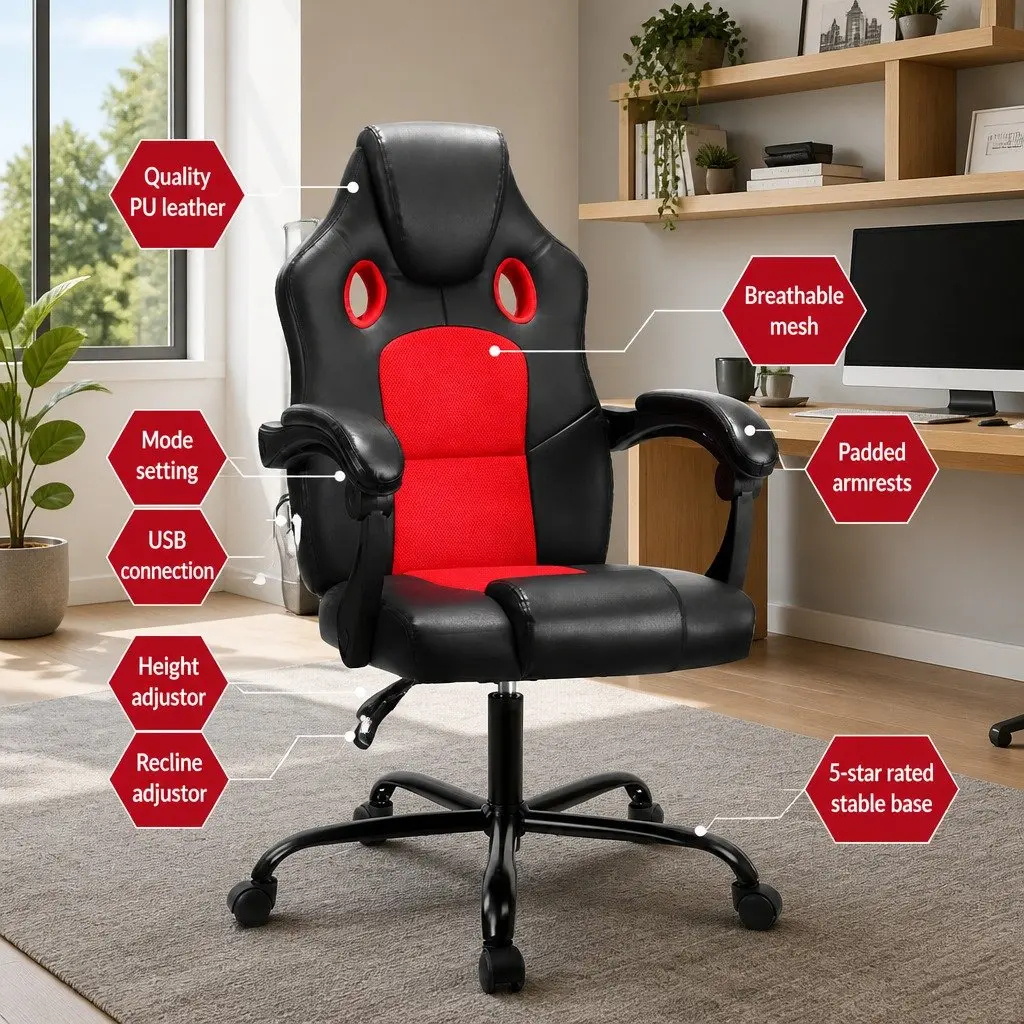 Massage Gaming Office Chair 2-Zone Vibration PU Leather High Back Reclining