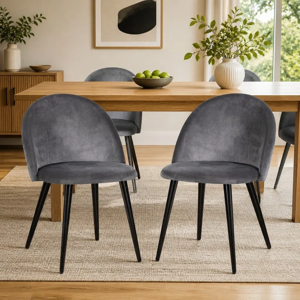 Dining Chairs Set of 2 Velvet Curved Seat Dark Grey Iron Legs